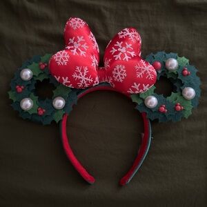 Disney Red Snowflake Bow Holiday Wreath Ears Headband